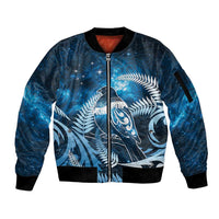 New Zealand Matariki Sleeve Zip Bomber Jacket Pigeon Kereru Maori Fern Art LT05 Unisex Blue - Polynesian Pride
