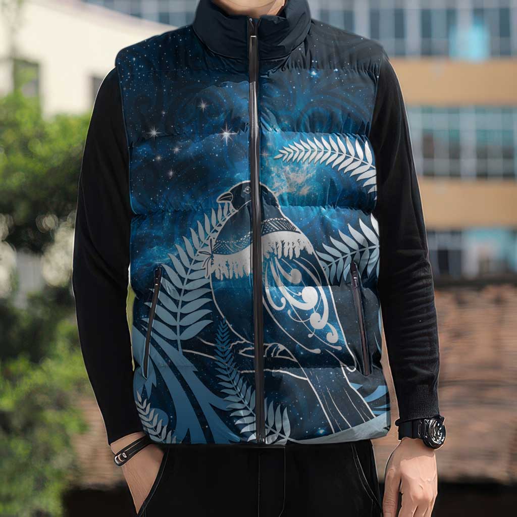 New Zealand Matariki Sleeveless Puffer Jacket Pigeon Kereru Maori Fern Art