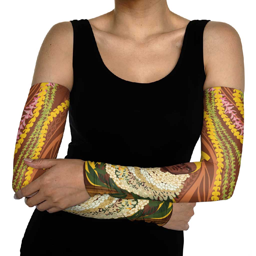 Hawaii King Kamehameha Arm Sleeves Hawaiian Kakau Pattern With Leis