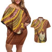 Hawaii King Kamehameha Couples Matching Off Shoulder Short Dress and Hawaiian Shirt Hawaiian Kakau Pattern With Leis