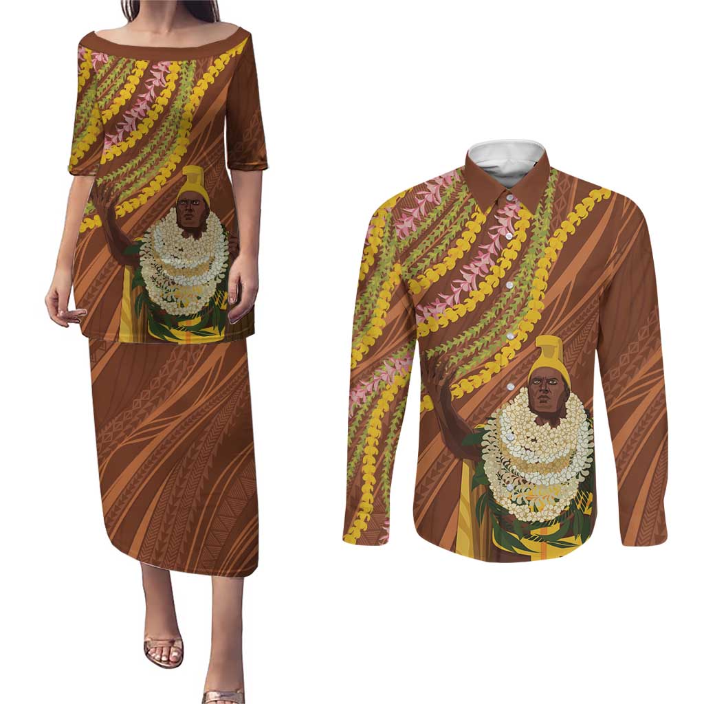 Hawaii King Kamehameha Couples Matching Puletasi and Long Sleeve Button Shirt Hawaiian Kakau Pattern With Leis
