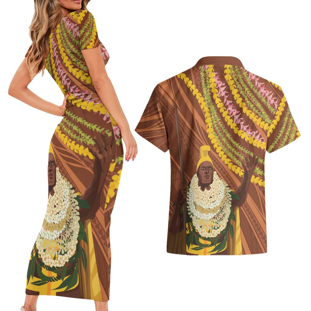 Hawaii King Kamehameha Couples Matching Short Sleeve Bodycon Dress and Hawaiian Shirt Hawaiian Kakau Pattern With Leis