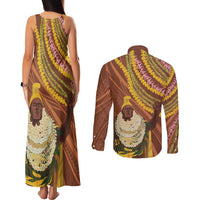 Hawaii King Kamehameha Couples Matching Tank Maxi Dress and Long Sleeve Button Shirt Hawaiian Kakau Pattern With Leis