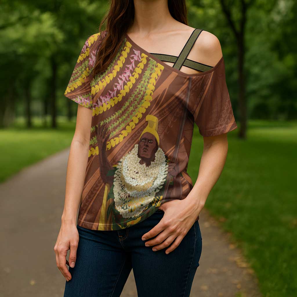 Hawaii King Kamehameha Cross Shoulder Shirt Hawaiian Kakau Pattern With Leis