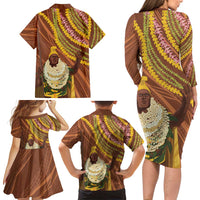 Hawaii King Kamehameha Family Matching Long Sleeve Bodycon Dress and Hawaiian Shirt Hawaiian Kakau Pattern With Leis LT05 - Polynesian Pride