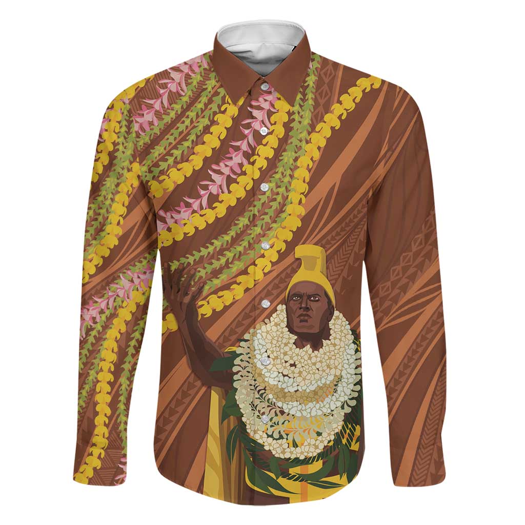 Hawaii King Kamehameha Family Matching Long Sleeve Bodycon Dress and Hawaiian Shirt Hawaiian Kakau Pattern With Leis LT05 Dad's Shirt - Long Sleeve Brown - Polynesian Pride