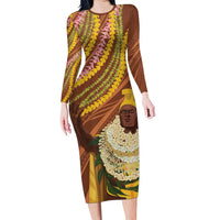 Hawaii King Kamehameha Family Matching Long Sleeve Bodycon Dress and Hawaiian Shirt Hawaiian Kakau Pattern With Leis LT05 Mom's Dress Brown - Polynesian Pride
