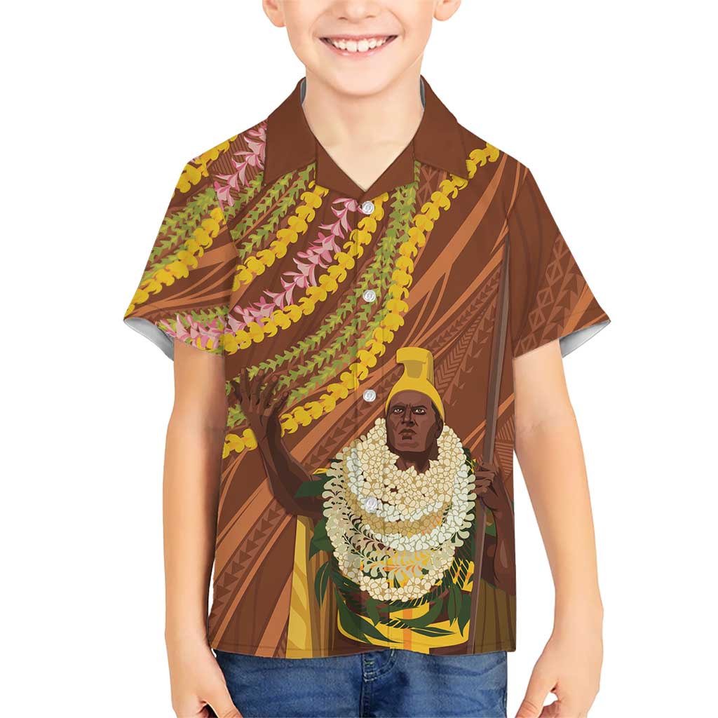 Hawaii King Kamehameha Family Matching Long Sleeve Bodycon Dress and Hawaiian Shirt Hawaiian Kakau Pattern With Leis LT05 Son's Shirt Brown - Polynesian Pride