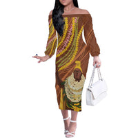 Hawaii King Kamehameha Family Matching Off The Shoulder Long Sleeve Dress and Hawaiian Shirt Hawaiian Kakau Pattern With Leis LT05 Mom's Dress Brown - Polynesian Pride