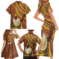 Hawaii King Kamehameha Family Matching Short Sleeve Bodycon Dress and Hawaiian Shirt Hawaiian Kakau Pattern With Leis LT05 - Polynesian Pride