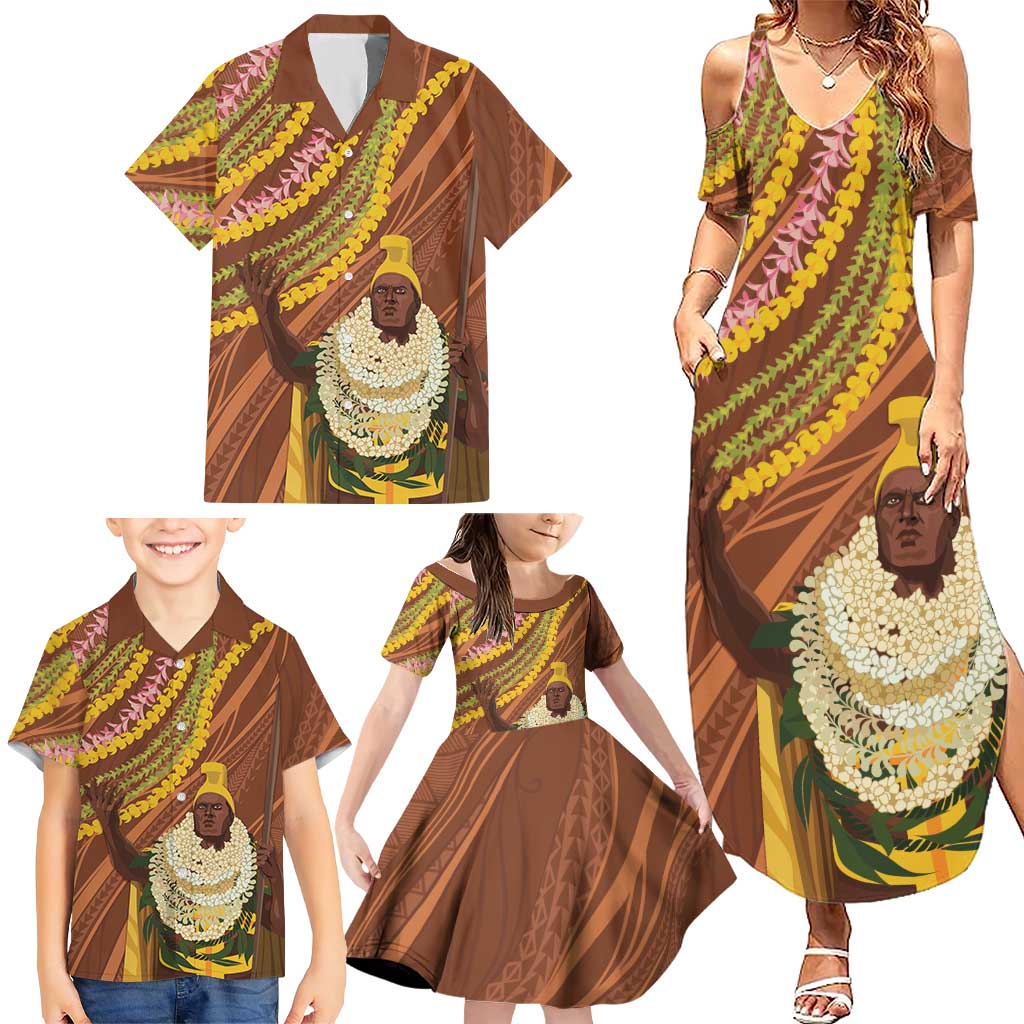 Hawaii King Kamehameha Family Matching Summer Maxi Dress and Hawaiian Shirt Hawaiian Kakau Pattern With Leis