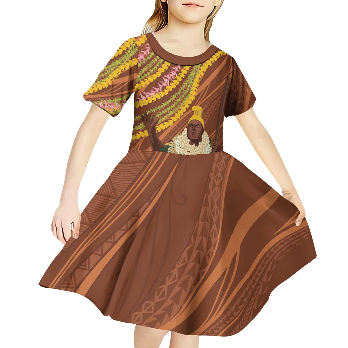Hawaii King Kamehameha Kid Short Sleeve Dress Hawaiian Kakau Pattern With Leis