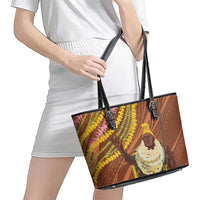 Hawaii King Kamehameha Leather Tote Bag Hawaiian Kakau Pattern With Leis