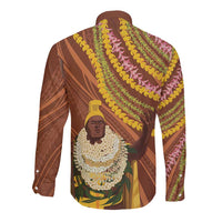 Hawaii King Kamehameha Long Sleeve Button Shirt Hawaiian Kakau Pattern With Leis