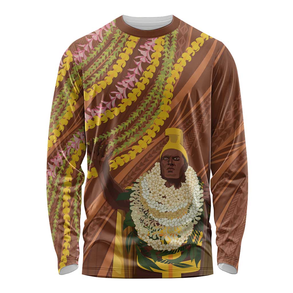 Hawaii King Kamehameha Long Sleeve Shirt Hawaiian Kakau Pattern With Leis