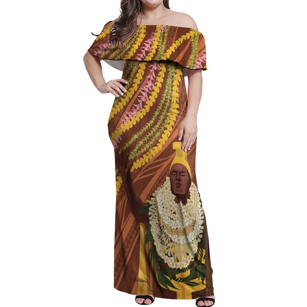Hawaii King Kamehameha Off Shoulder Maxi Dress Hawaiian Kakau Pattern With Leis