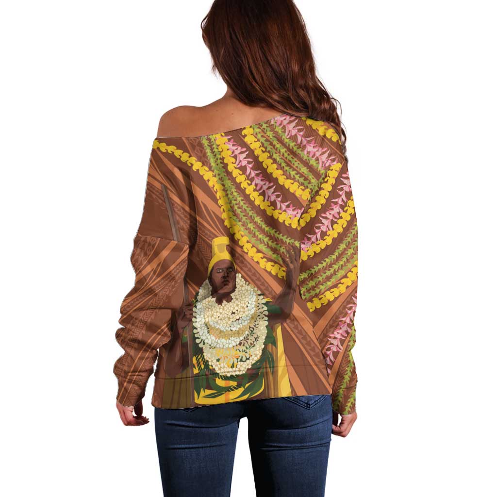 Hawaii King Kamehameha Off Shoulder Sweater Hawaiian Kakau Pattern With Leis