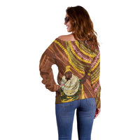 Hawaii King Kamehameha Off Shoulder Sweater Hawaiian Kakau Pattern With Leis