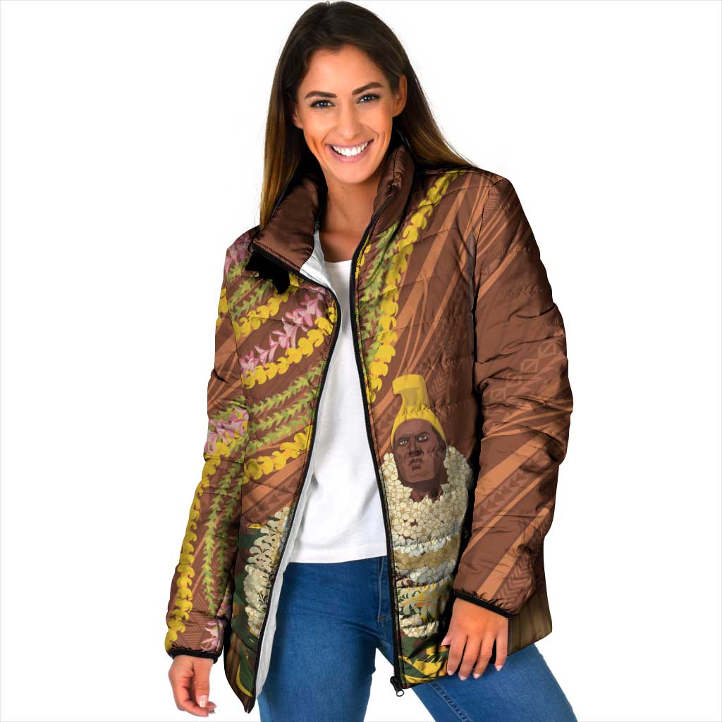 Hawaii King Kamehameha Padded Jacket Hawaiian Kakau Pattern With Leis
