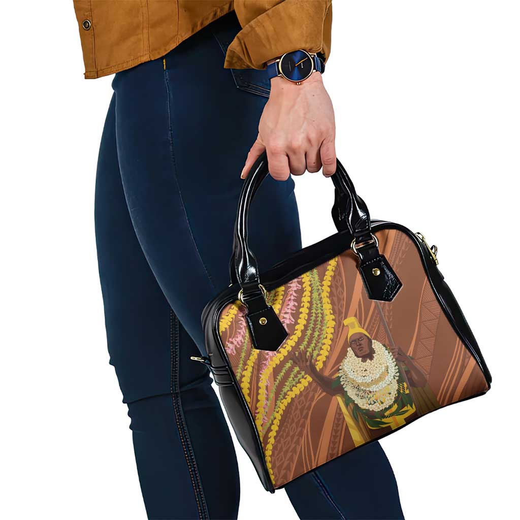 Hawaii King Kamehameha Shoulder Handbag Hawaiian Kakau Pattern With Leis