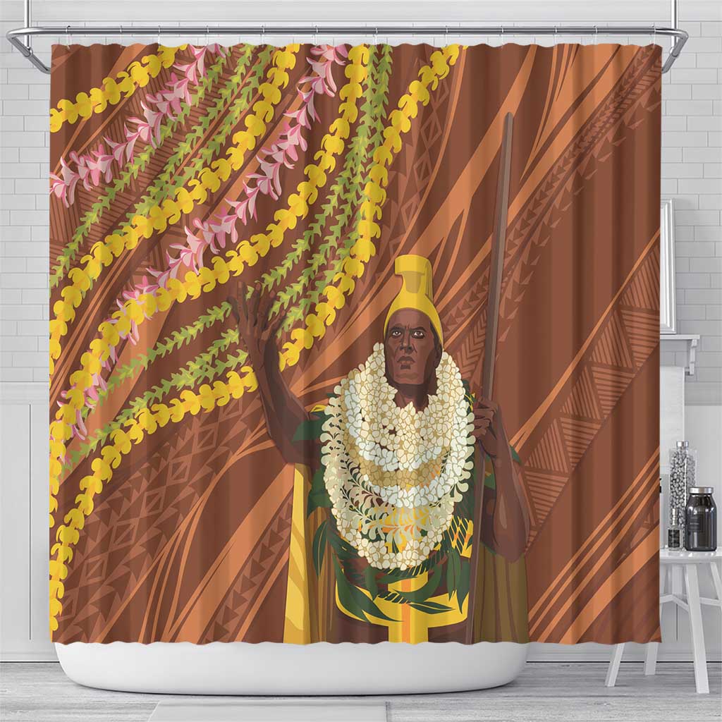 Hawaii King Kamehameha Shower Curtain Hawaiian Kakau Pattern With Leis