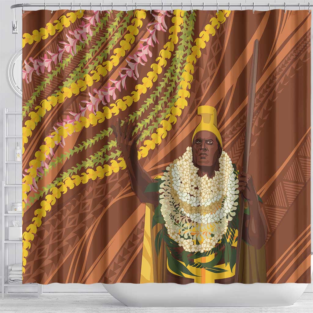 Hawaii King Kamehameha Shower Curtain Hawaiian Kakau Pattern With Leis