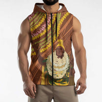 Hawaii King Kamehameha Sleeveless Zip Hoodie Hawaiian Kakau Pattern With Leis