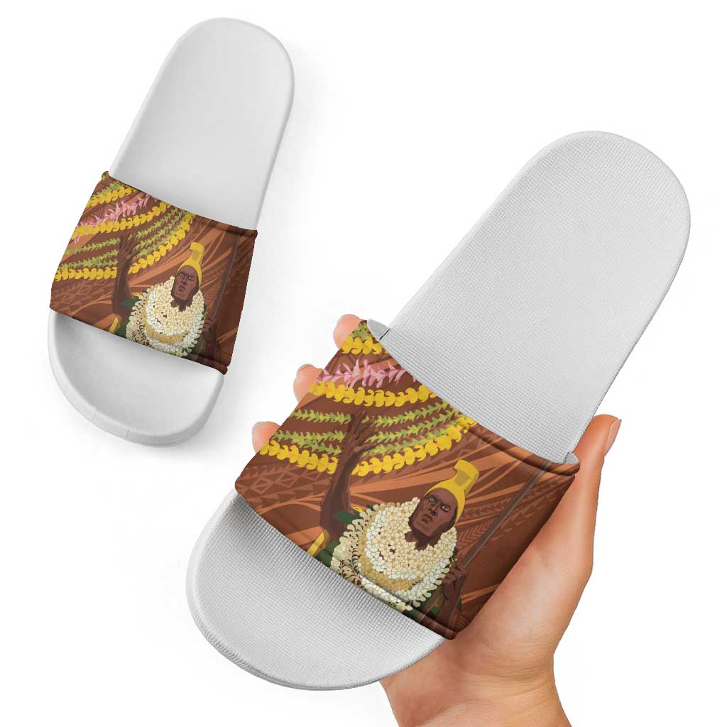 Hawaii King Kamehameha Slide Sandals Hawaiian Kakau Pattern With Leis