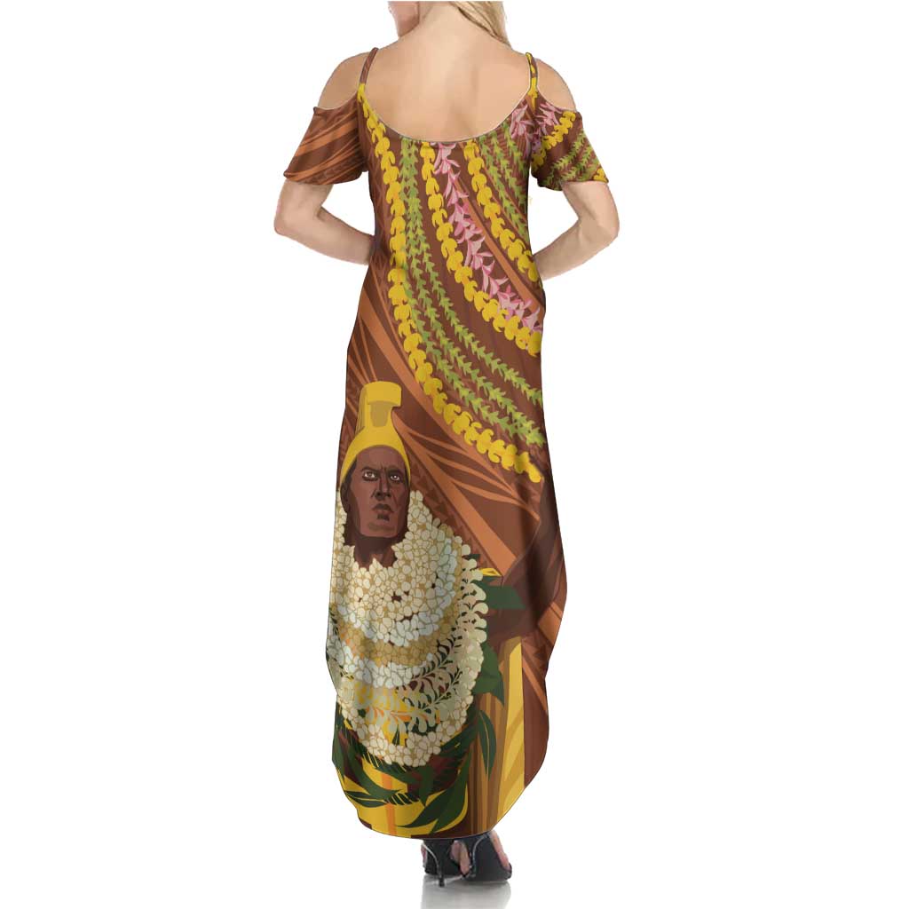 Hawaii King Kamehameha Summer Maxi Dress Hawaiian Kakau Pattern With Leis