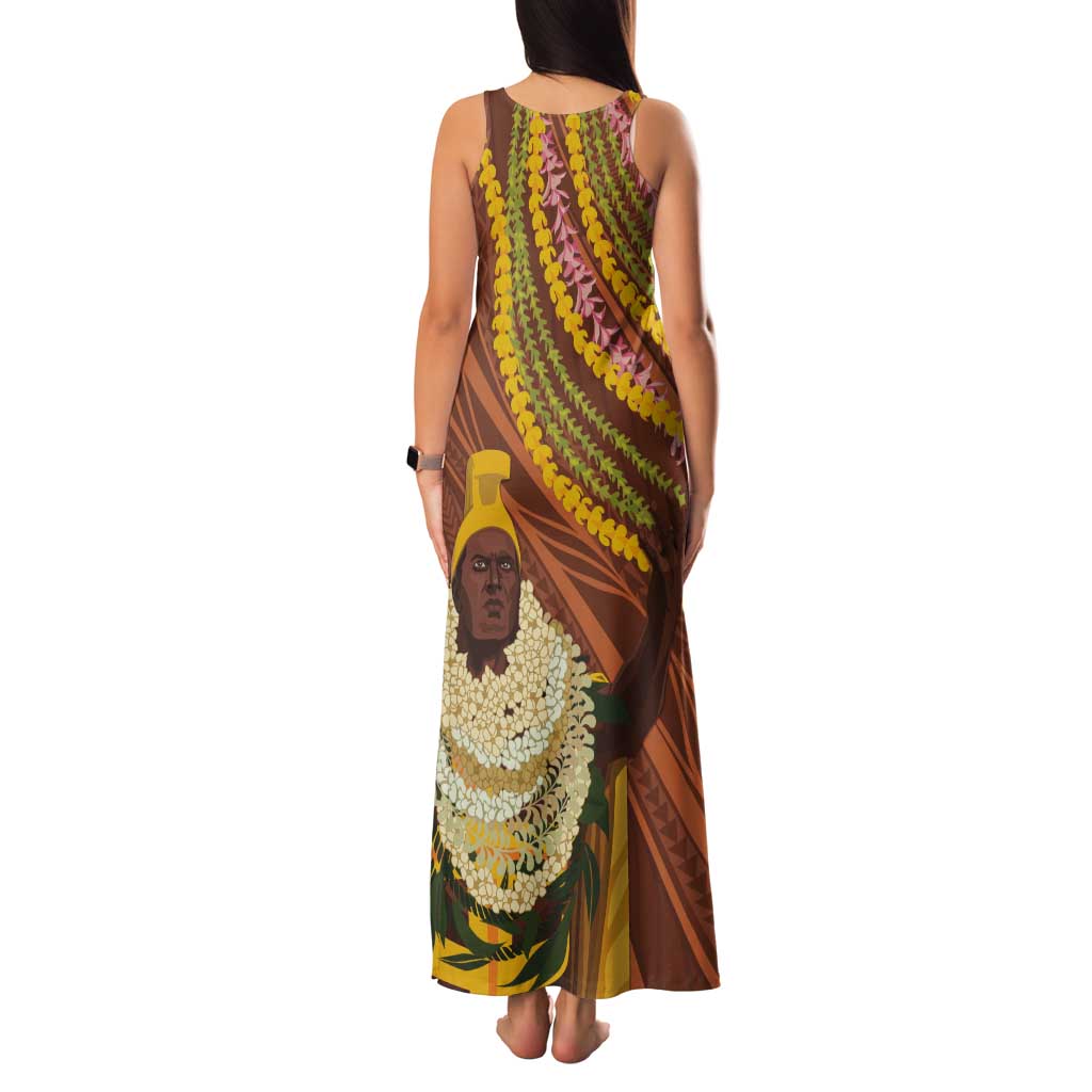 Hawaii King Kamehameha Tank Maxi Dress Hawaiian Kakau Pattern With Leis