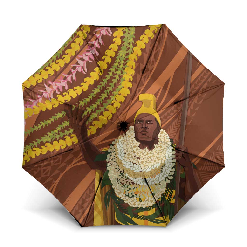 Hawaii King Kamehameha Umbrella Hawaiian Kakau Pattern With Leis