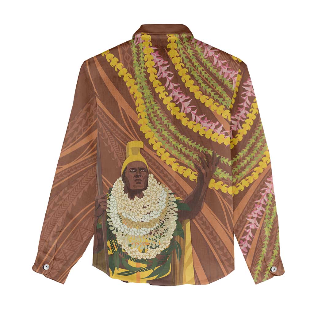 Hawaii King Kamehameha Women Casual Shirt Hawaiian Kakau Pattern With Leis