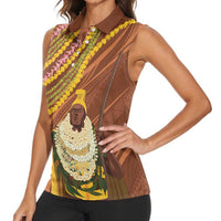 Hawaii King Kamehameha Women Sleeveless Polo Shirt Hawaiian Kakau Pattern With Leis