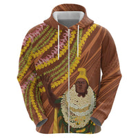 Hawaii King Kamehameha Zip Hoodie Hawaiian Kakau Pattern With Leis