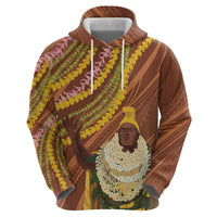 Hawaii King Kamehameha Zip Hoodie Hawaiian Kakau Pattern With Leis