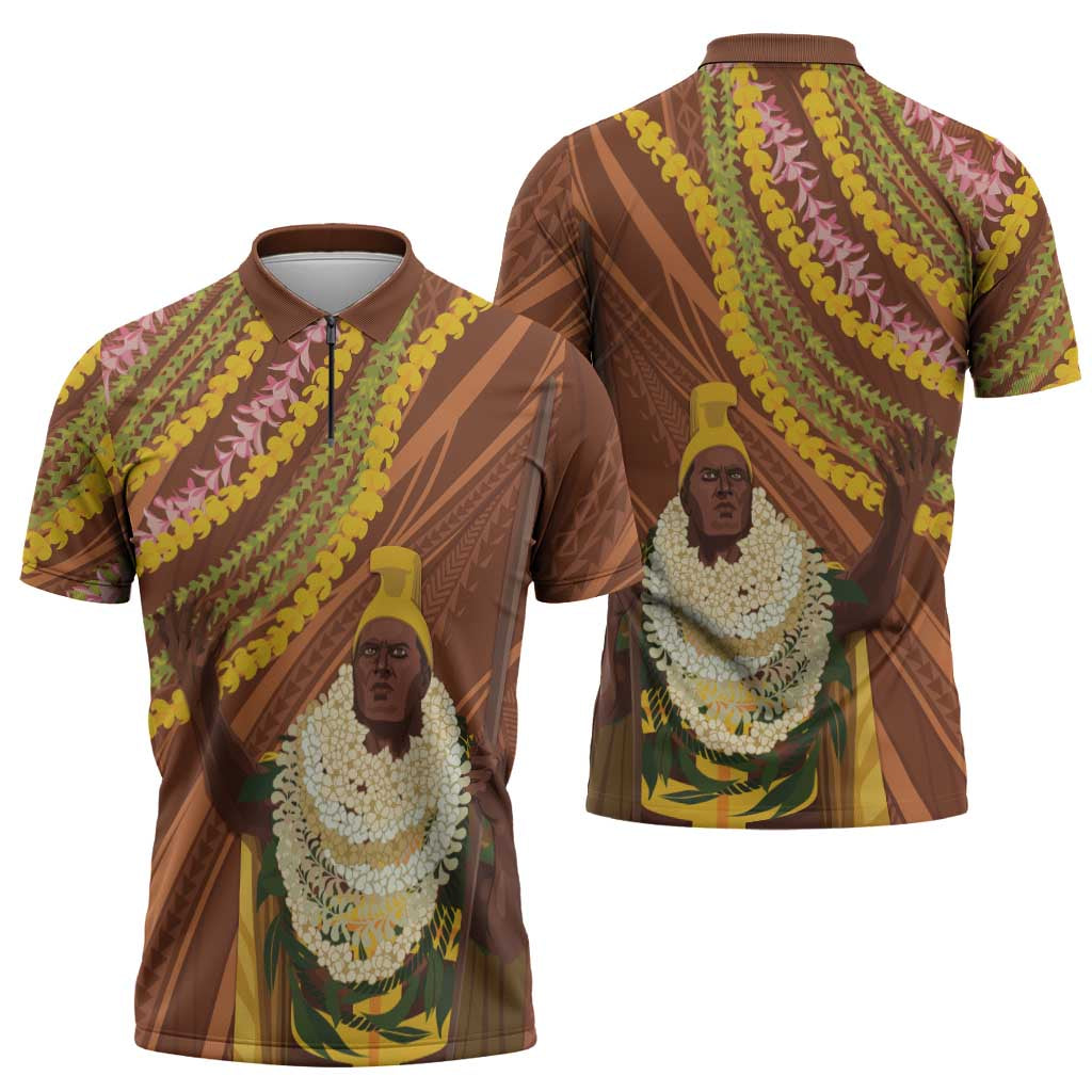 Hawaii King Kamehameha Zipper Polo Shirt Hawaiian Kakau Pattern With Leis
