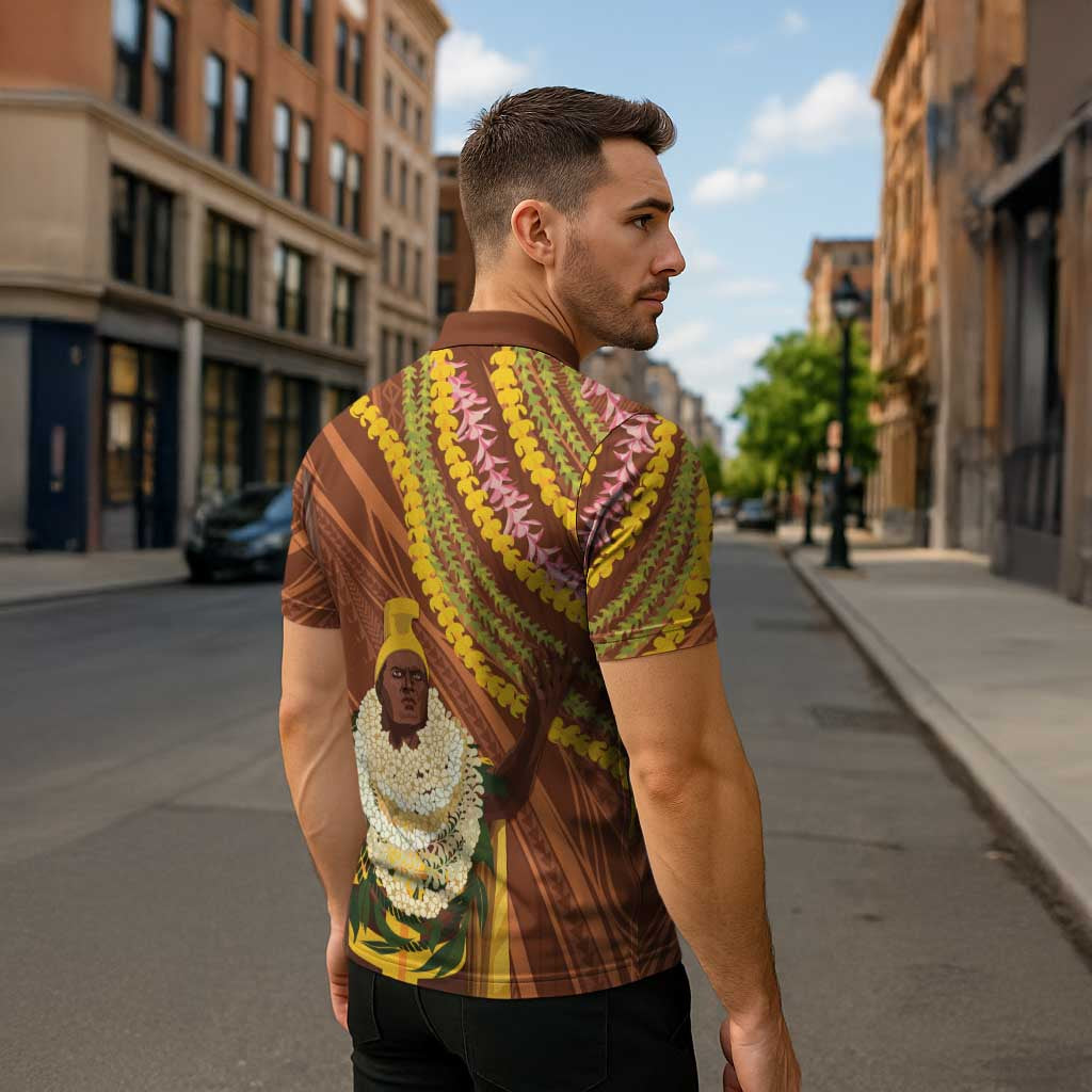 Hawaii King Kamehameha Zipper Polo Shirt Hawaiian Kakau Pattern With Leis