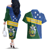 Personalised Solomon Islands Independence Day Couples Matching Off The Shoulder Long Sleeve Dress and Hawaiian Shirt With Coat Of Arms LT05 - Polynesian Pride