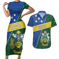 Personalised Solomon Islands Independence Day Couples Matching Short Sleeve Bodycon Dress and Hawaiian Shirt With Coat Of Arms LT05 Green - Polynesian Pride