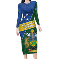 Personalised Solomon Islands Independence Day Family Matching Long Sleeve Bodycon Dress and Hawaiian Shirt With Coat Of Arms LT05 Mom's Dress Green - Polynesian Pride