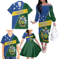 Personalised Solomon Islands Independence Day Family Matching Off The Shoulder Long Sleeve Dress and Hawaiian Shirt With Coat Of Arms LT05 - Polynesian Pride