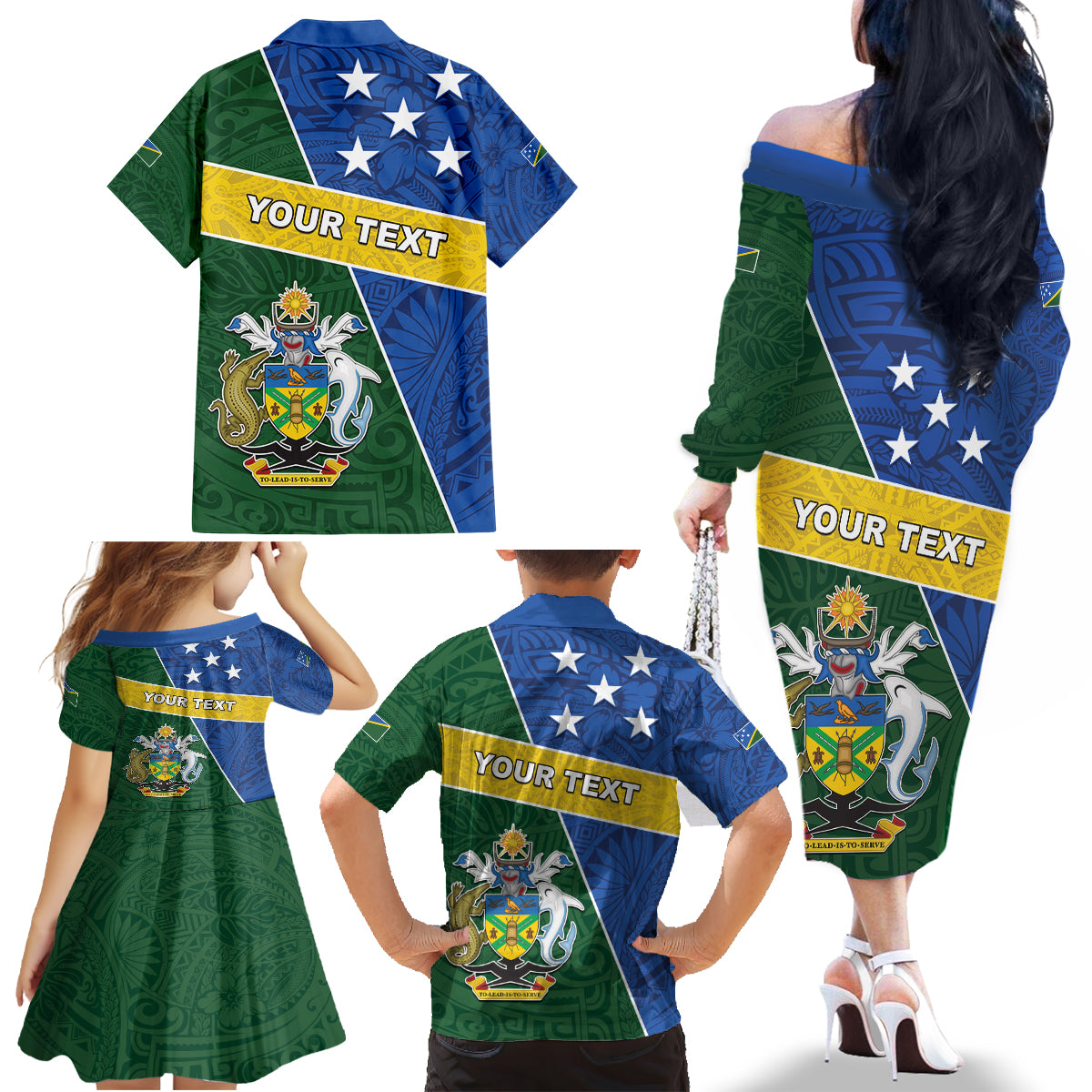 Personalised Solomon Islands Independence Day Family Matching Off The Shoulder Long Sleeve Dress and Hawaiian Shirt With Coat Of Arms LT05 - Polynesian Pride