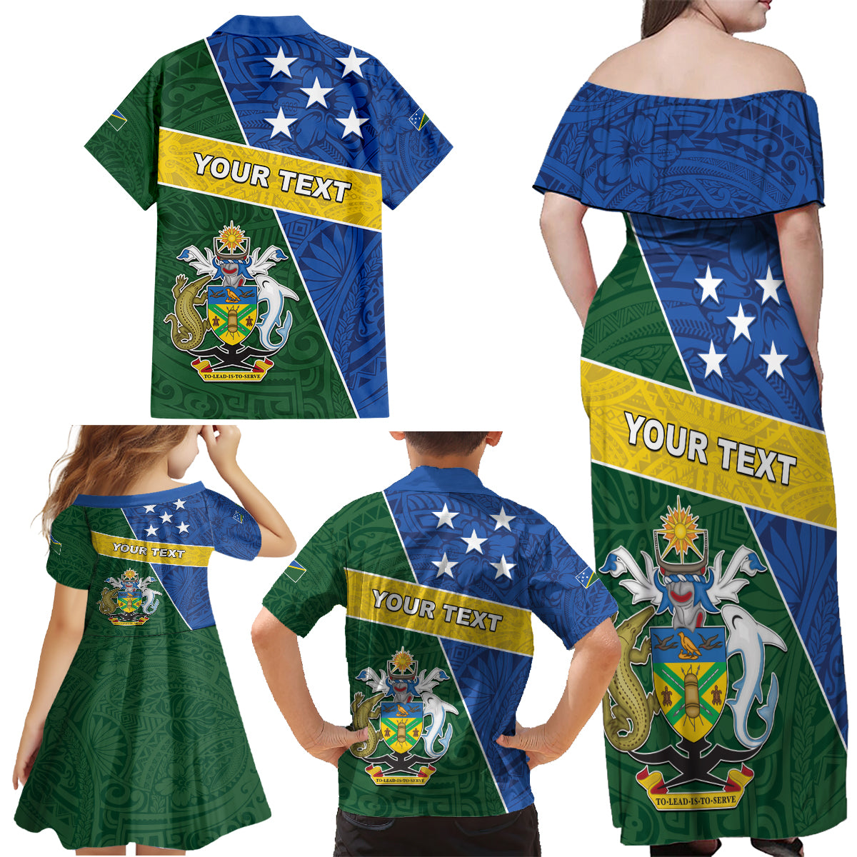 Personalised Solomon Islands Independence Day Family Matching Off Shoulder Maxi Dress and Hawaiian Shirt With Coat Of Arms LT05 - Polynesian Pride