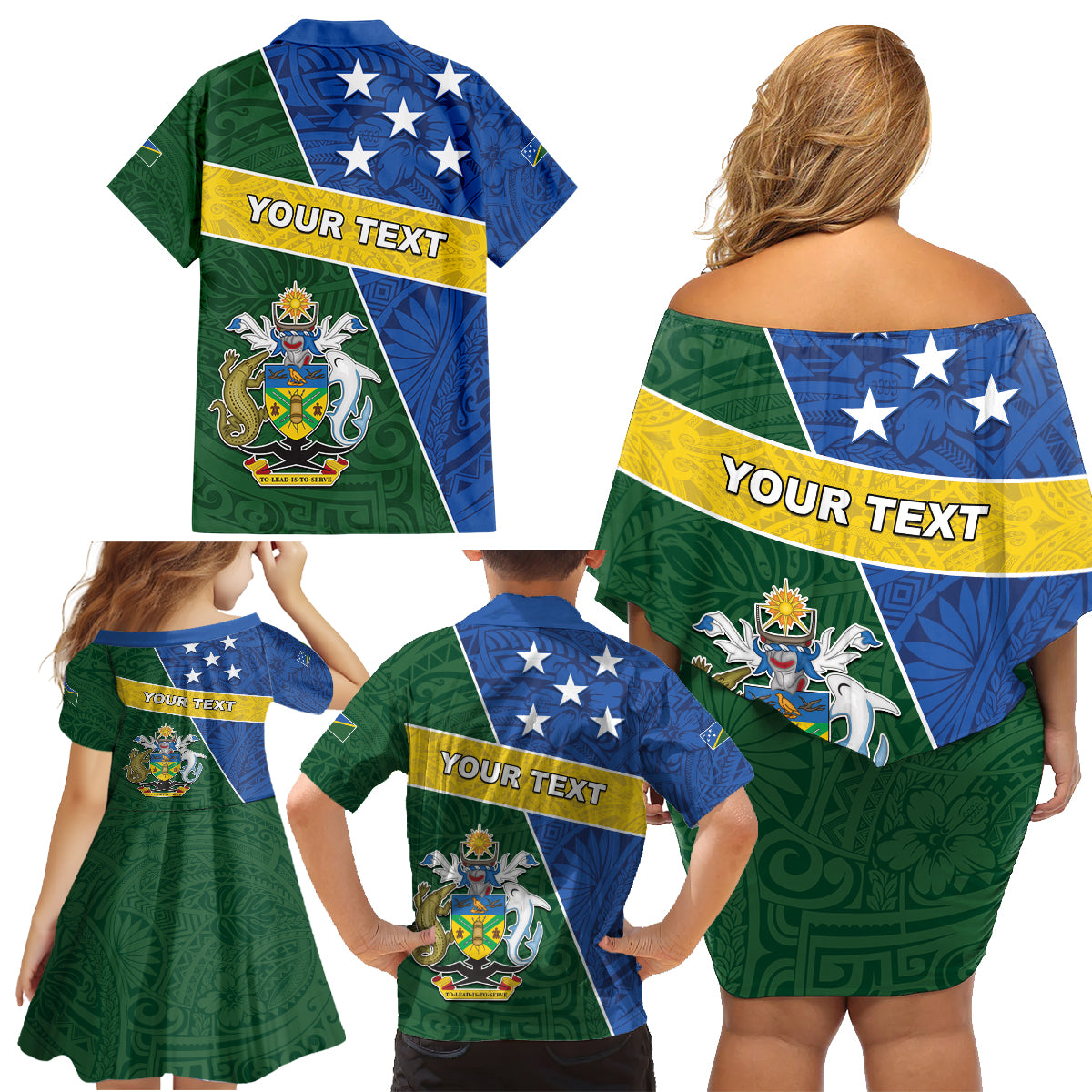 Personalised Solomon Islands Independence Day Family Matching Off Shoulder Short Dress and Hawaiian Shirt With Coat Of Arms LT05 - Polynesian Pride