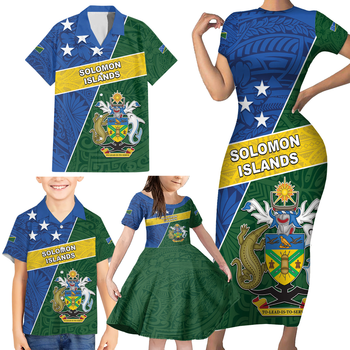 Personalised Solomon Islands Independence Day Family Matching Short Sleeve Bodycon Dress and Hawaiian Shirt With Coat Of Arms LT05 - Polynesian Pride