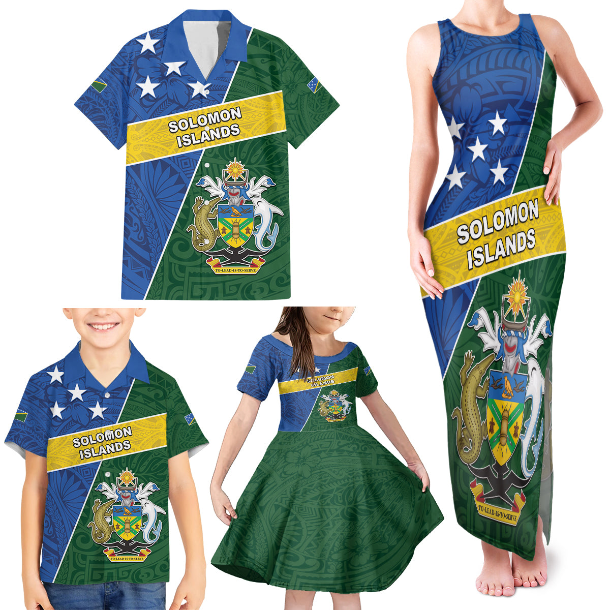 Personalised Solomon Islands Independence Day Family Matching Tank Maxi Dress and Hawaiian Shirt With Coat Of Arms LT05 - Polynesian Pride