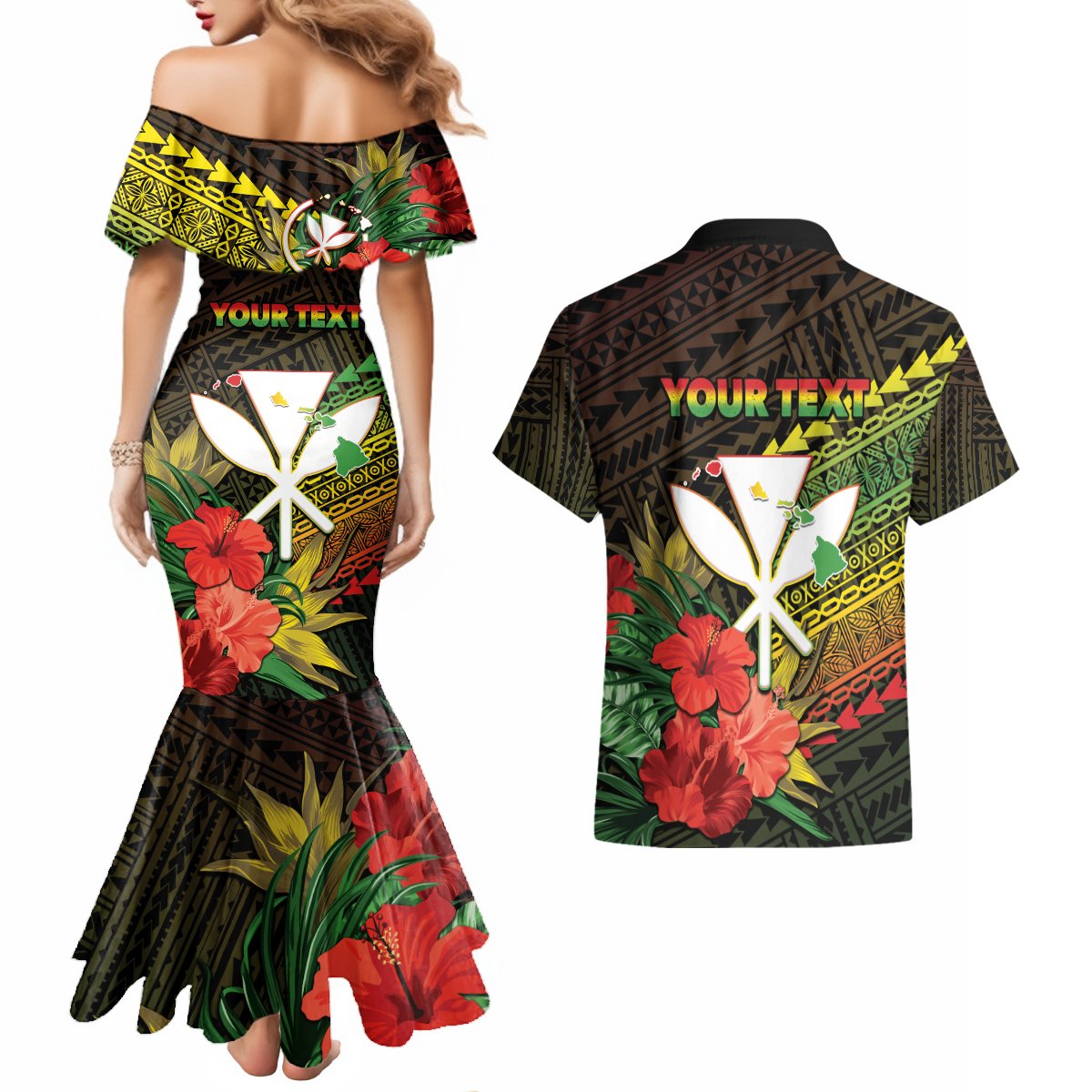 Personalized Hawaii Born and Raised Couples Matching Mermaid Dress and Hawaiian Shirt Kanaka Maoli Flag Day