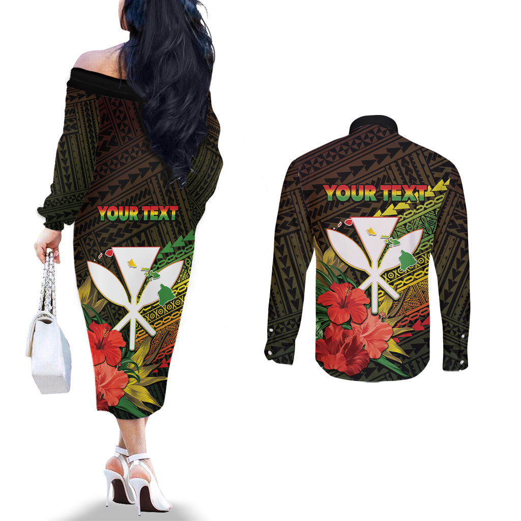 Personalized Hawaii Born and Raised Couples Matching Off The Shoulder Long Sleeve Dress and Long Sleeve Button Shirt Kanaka Maoli Flag Day