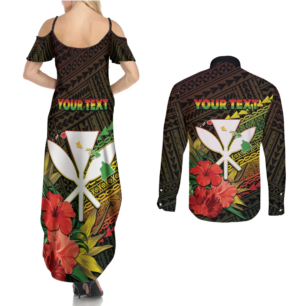 Personalized Hawaii Born and Raised Couples Matching Summer Maxi Dress and Long Sleeve Button Shirt Kanaka Maoli Flag Day