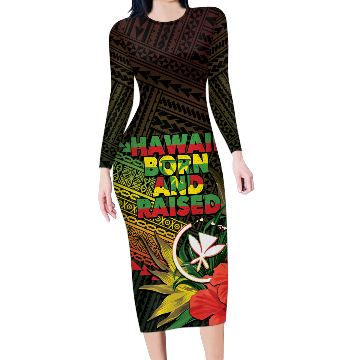 Personalized Hawaii Born and Raised Family Matching Long Sleeve Bodycon Dress and Hawaiian Shirt Kanaka Maoli Flag Day LT05 Mom's Dress Reggae - Polynesian Pride